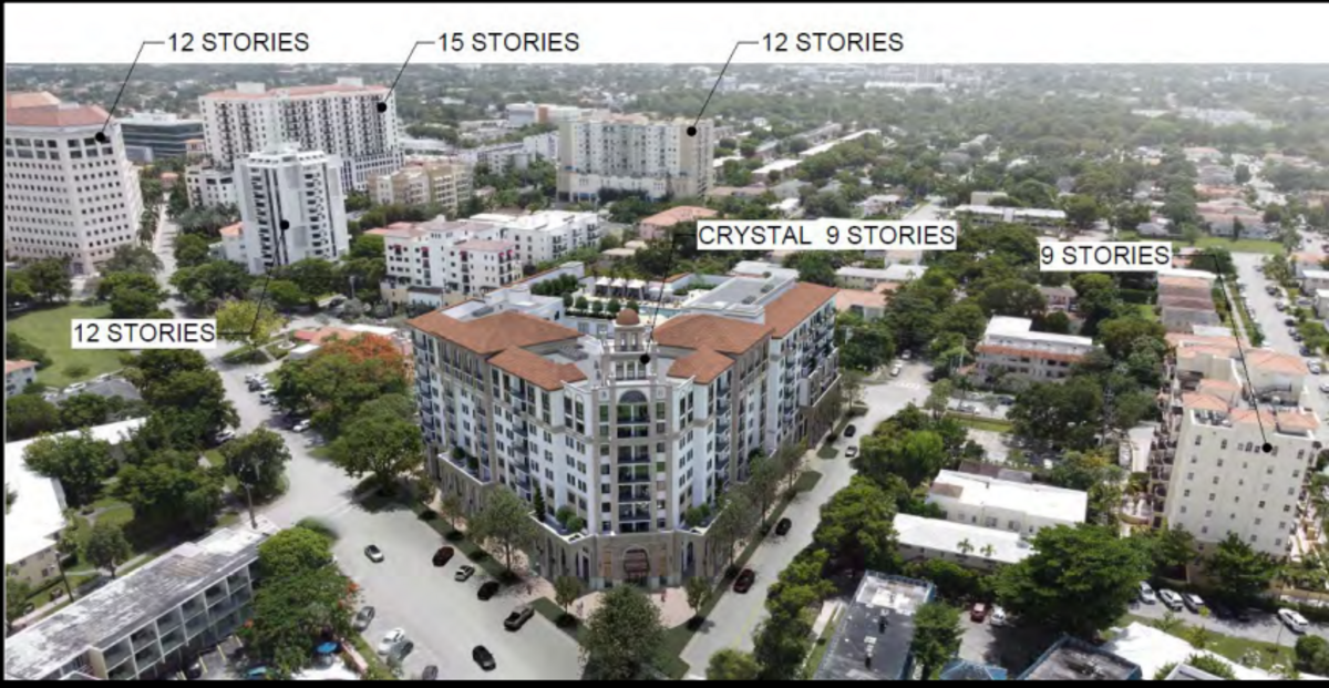 A rendering in Fifield’s application package ahead of the July 6, 2026, Coral Gables commission meeting shows how tall the planned Crystal Residences development is compared to nearby buildings.